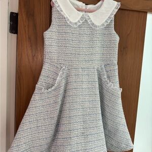 Janie and Jack Girls White Sky Tweed Dress Peter Pan Collar- Size 7 Like New!!